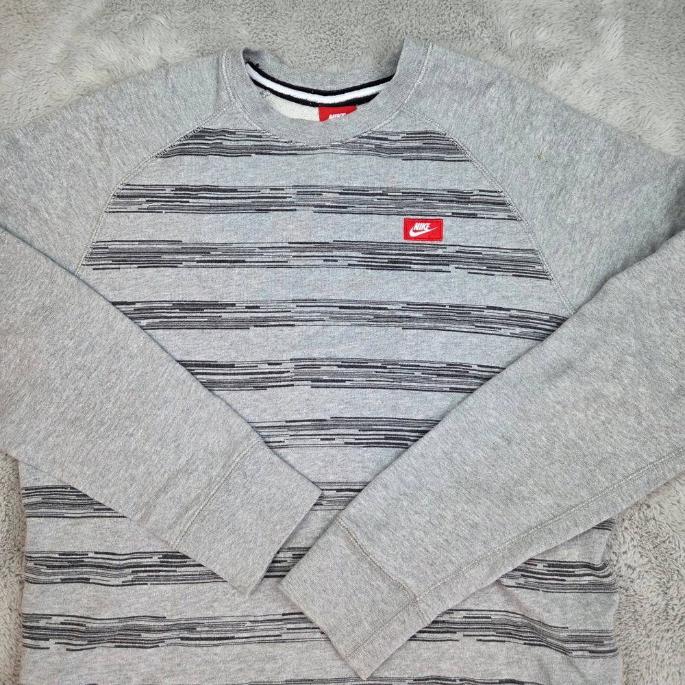 Nike Crewneck Sweatshirt Mens M Raglan Glitch Stripe Graphic Pullover Grey Black